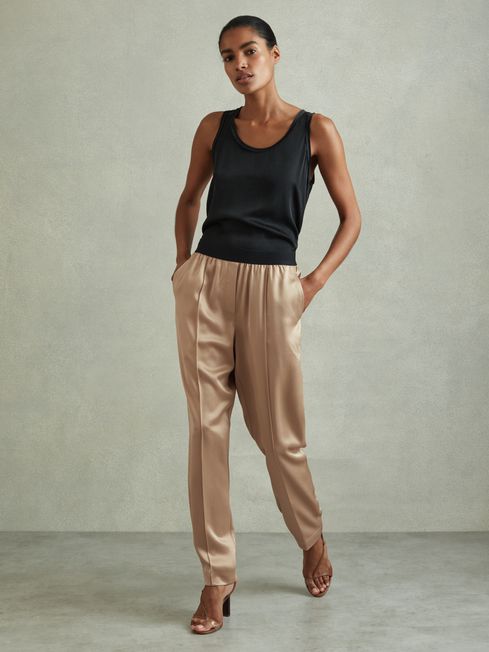 Reiss Champagne Elea Satin Elasticated Tapered Trousers