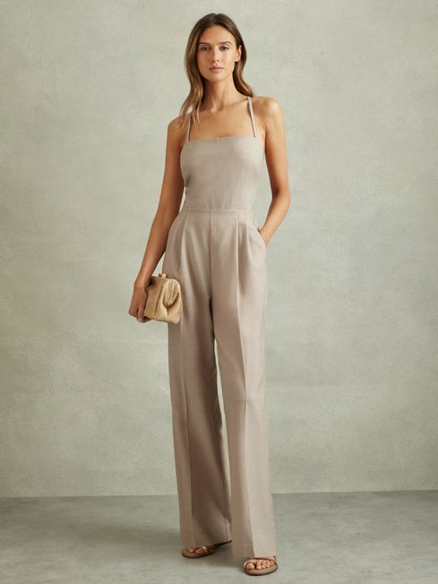 Reiss Neutral Sarai Wool Tailored Strappy Jumpsuit