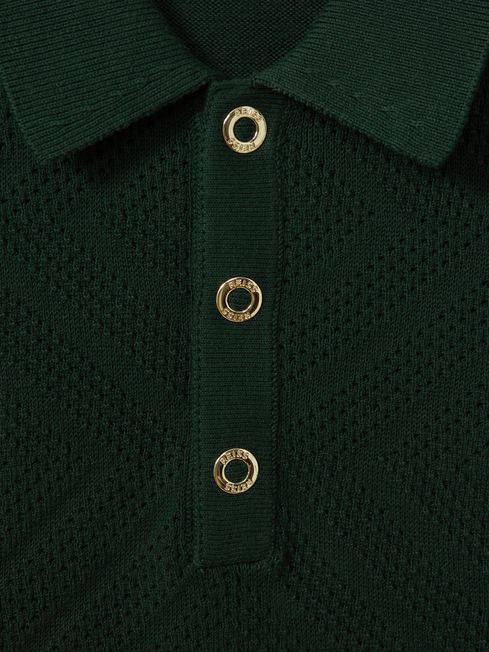 Reiss Dark Green Lupton Cotton Textured Press-Stud Polo Shirt