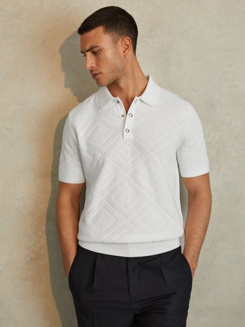 Reiss Optic White Lupton Cotton Textured Press-Stud Polo Shirt