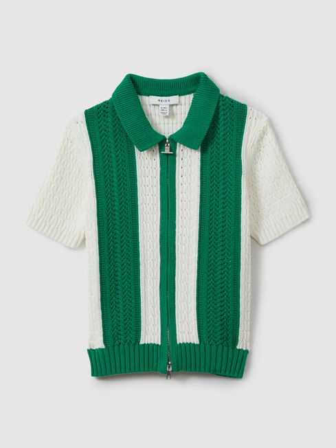 Reiss White/Bright Green Painter Knitted Cotton Zip Front Shirt