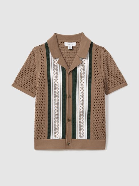 Reiss Camel/Green Jensen Embroidered Cuban Collar Shirt