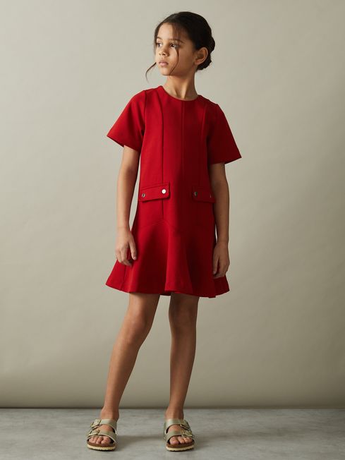 Reiss Red Fion Junior Fit-and-Flare Pocket Detail Dress