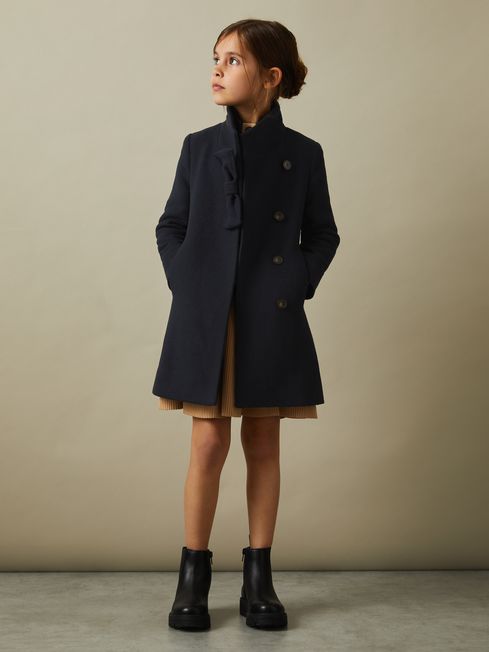Teen Wool Blend Funnel Neck Bow Coat in Navy
