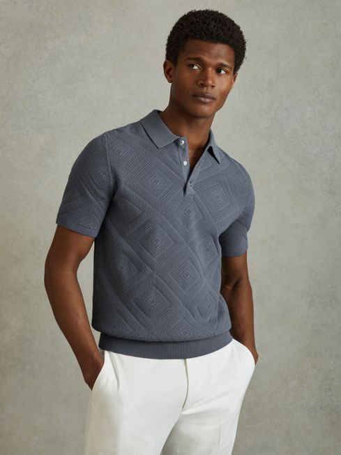 Reiss Airforce Blue Lupton Cotton Textured Press-Stud Polo Shirt