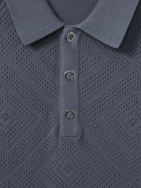 Cotton Textured Press-Stud Polo Shirt in Airforce Blue