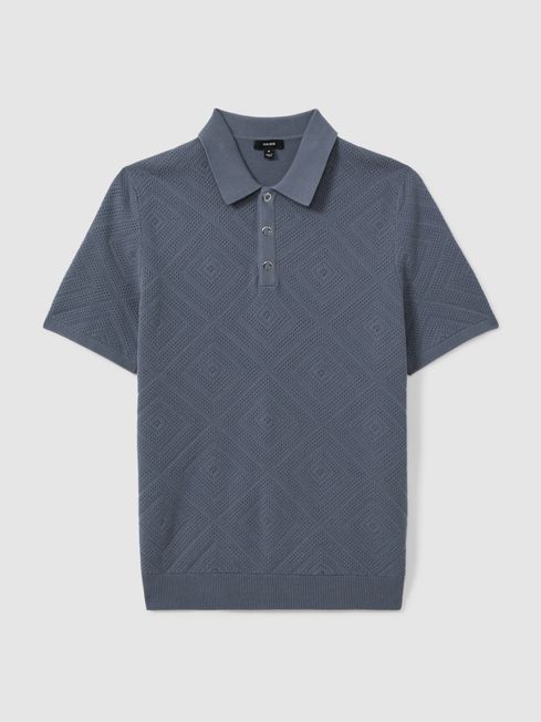 Reiss Airforce Blue Lupton Cotton Textured Press-Stud Polo Shirt