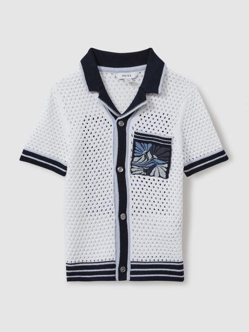 Reiss White/Blue Lucile 9-13 yrs Open-Stitch Embroidered Cuban Collar Shirt