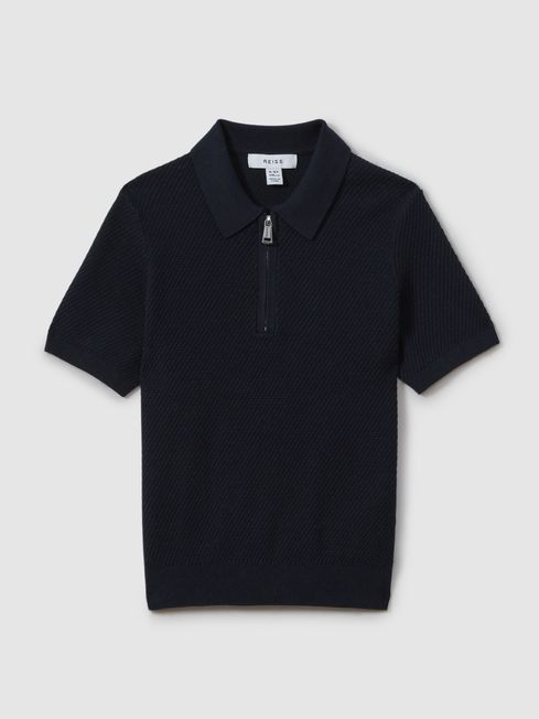 Reiss Navy Ivor Teen Textured Half-Zip Neck Polo Shirt