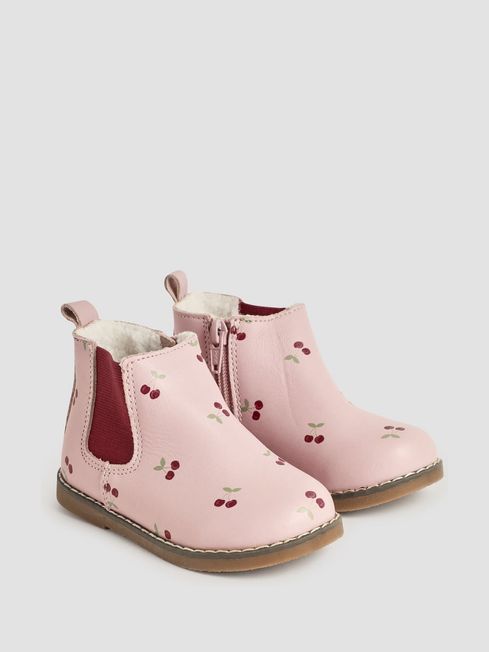Pink Pretty Cherry Print Leather Chelsea Boots