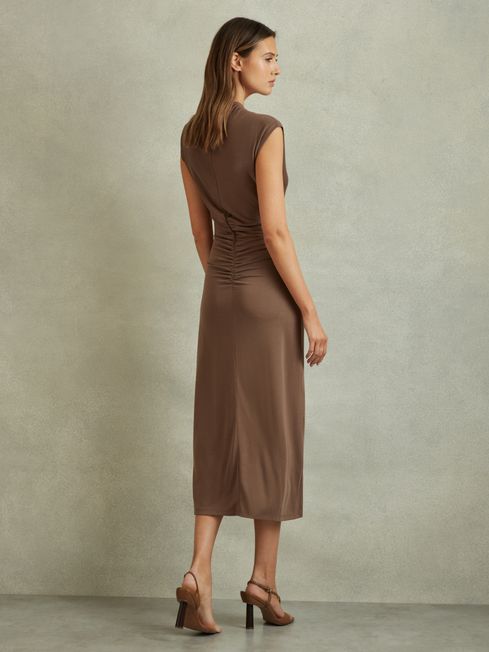Reiss Chocolate Lenara Ruche Front Capped Sleeve Jersey Midi Dress