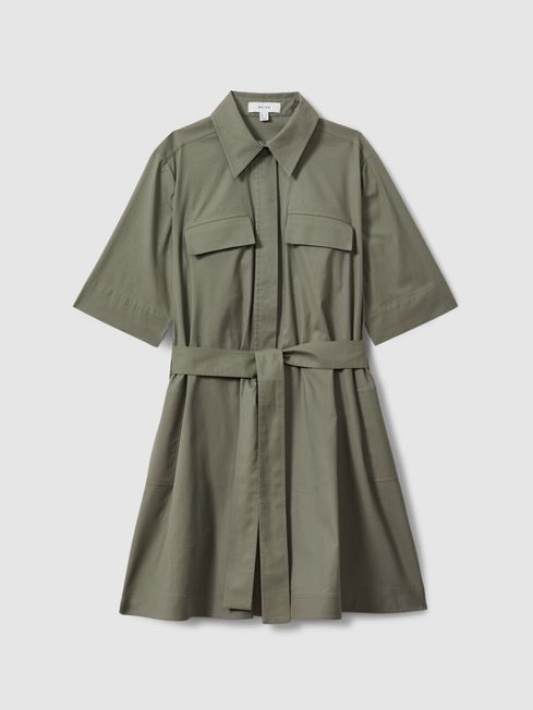 Reiss Khaki Milly Pleated Belted Mini Dress