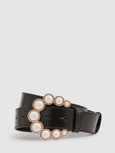Camilla Elphick Leather Pearl Buckle Belt in Black REISS USA