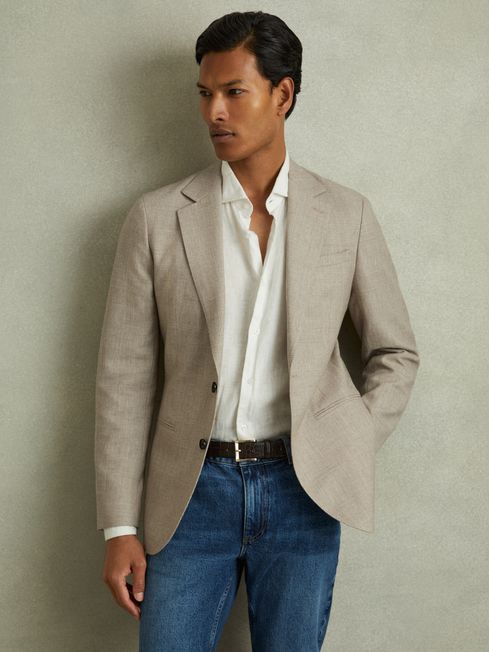 Reiss Oatmeal Elliot Checked Single Breasted Blazer in Wool-Linen