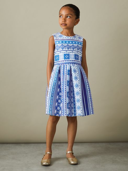 Reiss Blue Print Lena Junior Tile Print Scuba Fit-and-Flare Dress