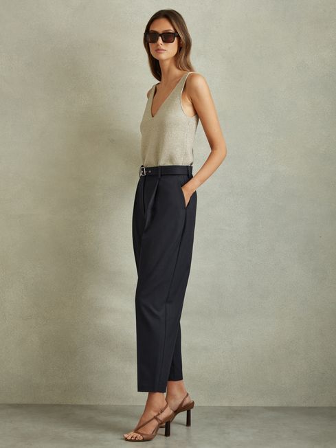 Reiss Navy Freja Tapered Belted Trousers