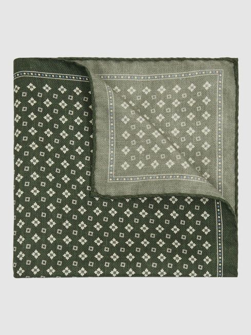 Reiss Olive Pulcino Reversible Silk Pocket Square