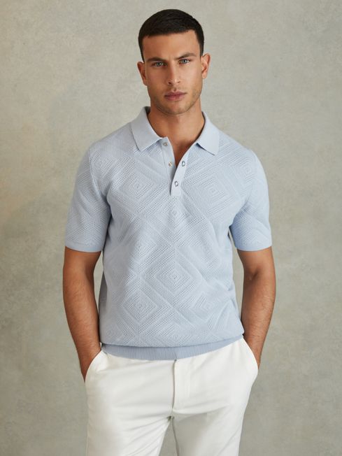 Reiss Soft Blue Lupton Cotton Textured Press-Stud Polo Shirt
