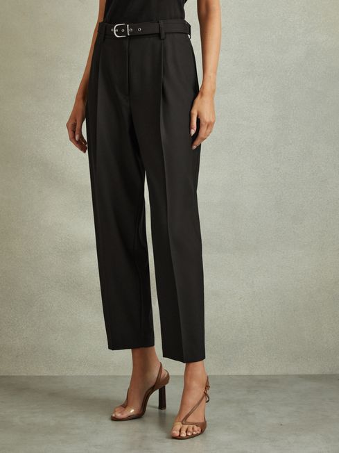 Reiss Black Freja Petite Tapered Belted Trousers