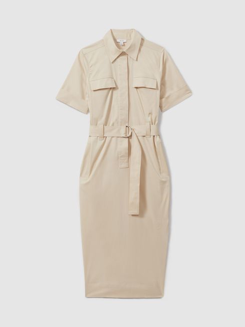 Cotton Blend Utility Belted Midi Dress in Stone REISS Germany