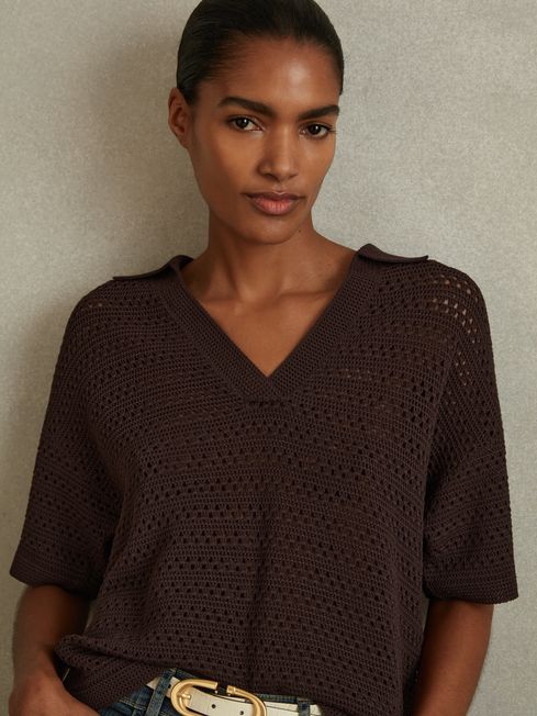 Reiss Chocolate Carla Knitted Open-Collar Polo Shirt