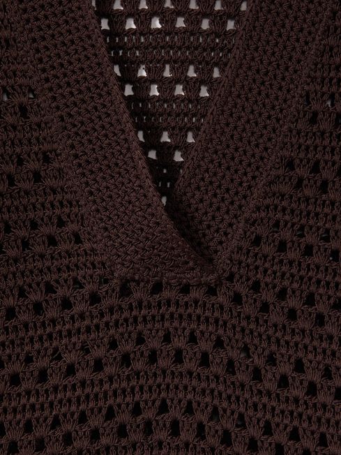 Knitted Open-Collar Polo Shirt in Chocolate