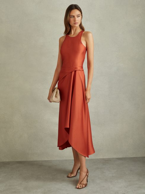 Reiss Rust Micah Satin Drape Tuck Midi Dress