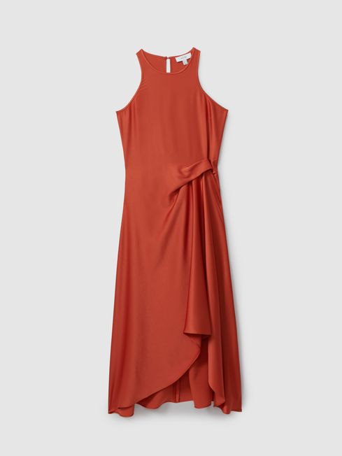 Satin Drape Tuck Midi Dress in Rust REISS USA