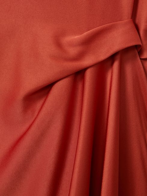 Satin Drape Tuck Midi Dress in Rust | REISS France