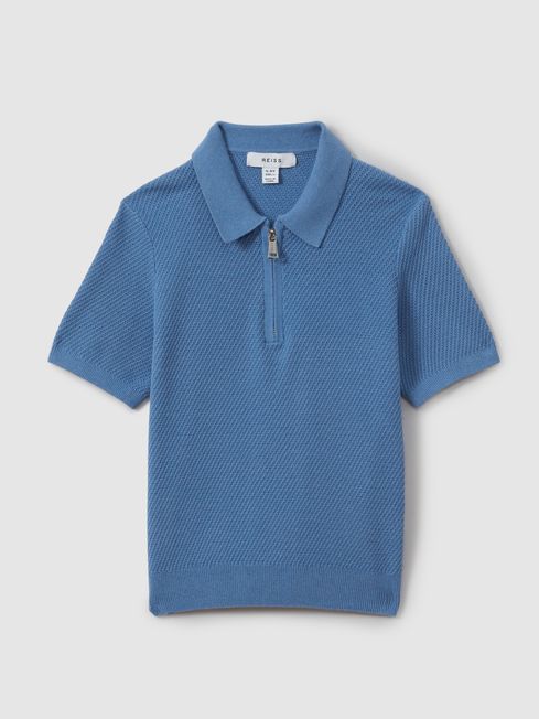 Reiss Blue Ivor Textured Half-Zip Neck Polo Shirt