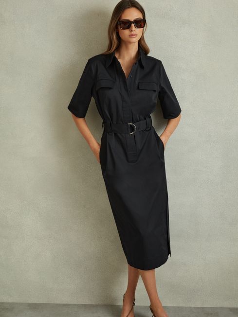 Cotton Blend Utility Belted Midi Dress in Black REISS USA