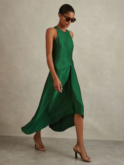 Reiss Green Micah Satin Drape Tuck Midi Dress