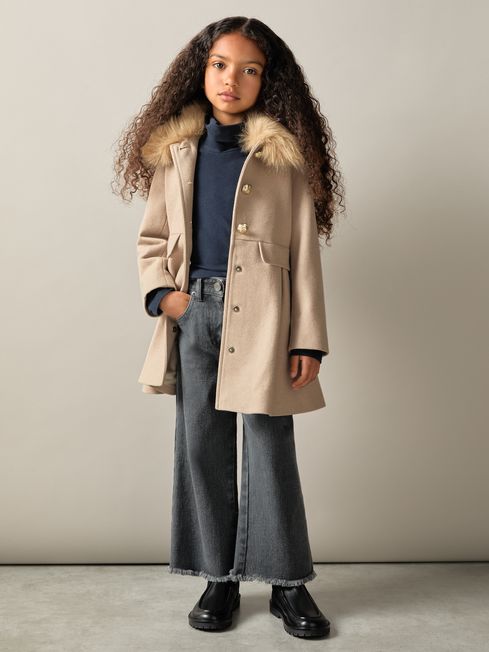 9 13 yrs Faux Fur Collar Wool Blend Coat in Oatmeal REISS USA