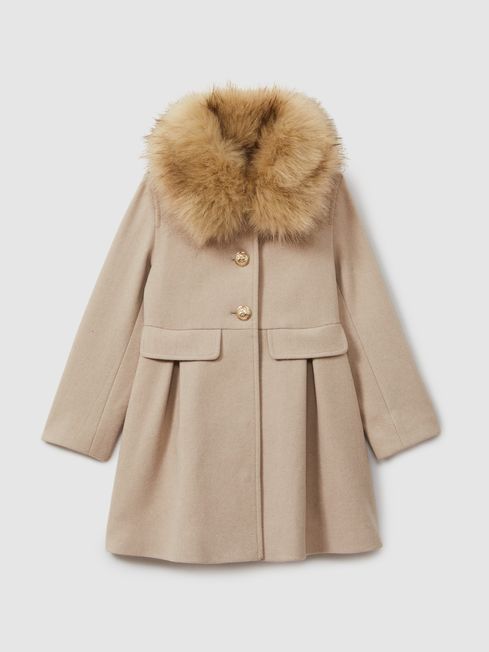 Reiss Oatmeal Nicole Faux Fur Collar Wool Blend Coat