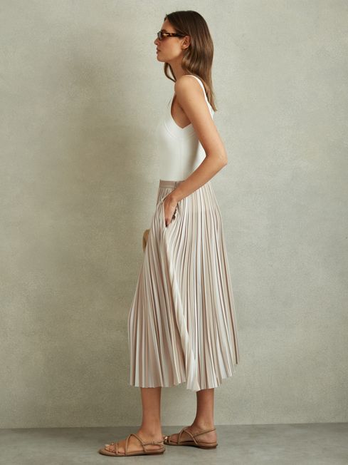 Reiss Neutral Lexie Striped Pleated Midi Skirt
