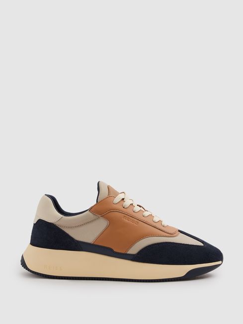 Reiss Navy/Camel Emmett Leather Suede Running Trainers