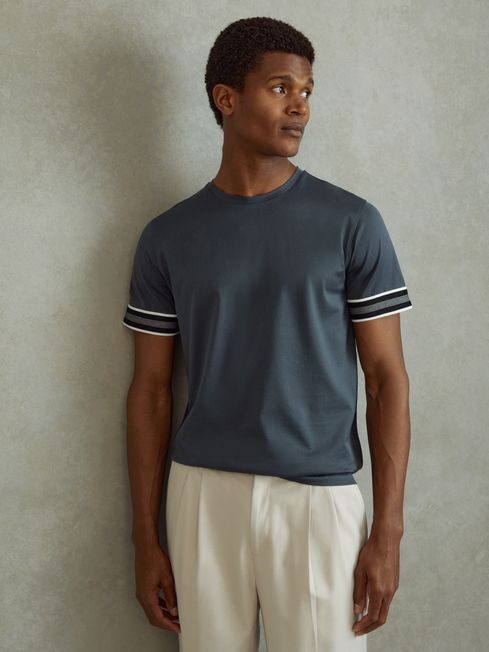 Reiss Steel Blue Dune Mercerised Cotton Striped T-Shirt