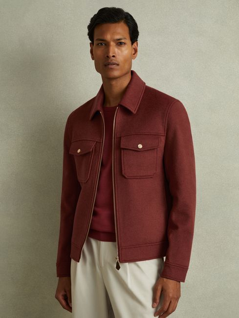 Zip Through Trucker Jacket with Wool in Rust Red REISS USA