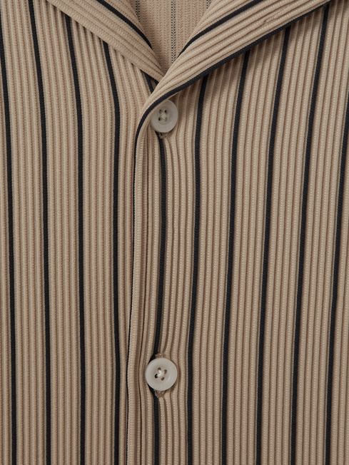 Reiss Sand/Navy Neptune Ribbed Striped Cuban Collar Shirt