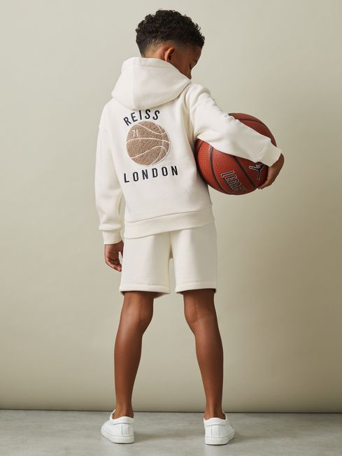 Reiss Off White Cottle Relaxed Embroidered Basketball Hoodie