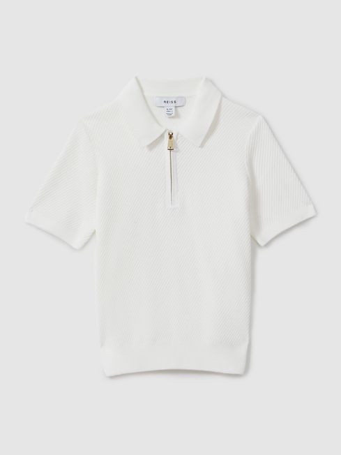 Reiss White Ivor Teen Textured Half-Zip Neck Polo Shirt