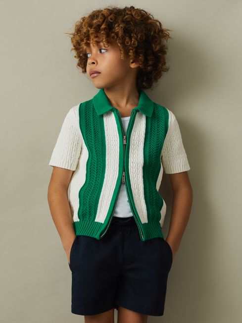 Reiss White/Bright Green Painter Senior Knitted Cotton Zip Front Shirt