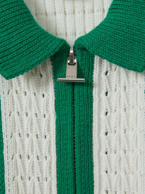 Reiss White/Bright Green Painter Senior Knitted Cotton Zip Front Shirt