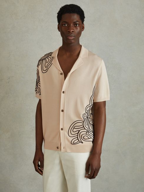 Reiss Cream Romance Jersey Embroidered Cuban Collar Shirt