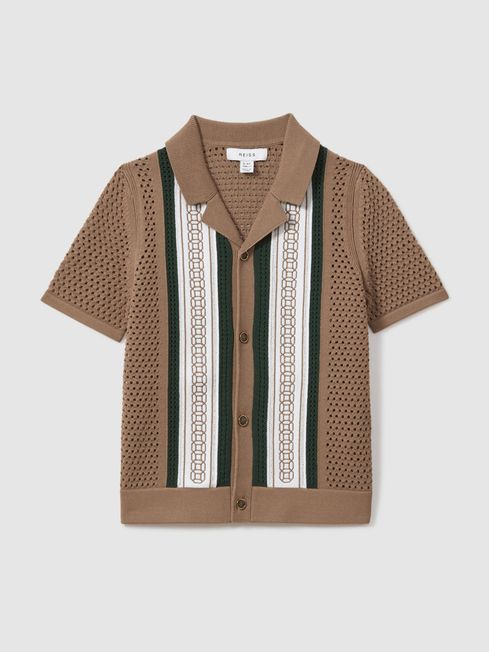 Reiss Camel/Green Jensen 3-9 yrs Embroidered Cuban Collar Shirt