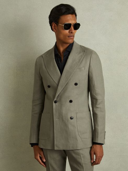 Reiss Light Sage Green Halgas Linen Double Breasted Modern Fit Blazer