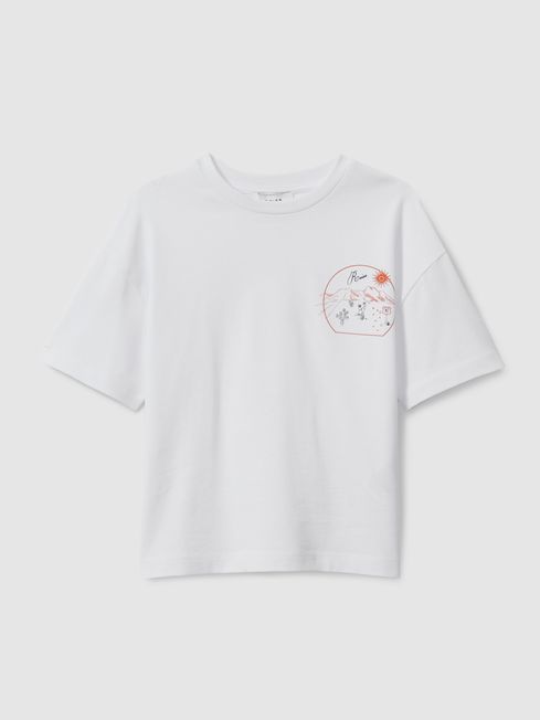 Reiss Optic White/Orange Monte Cotton Crew Neck Motif T-Shirt