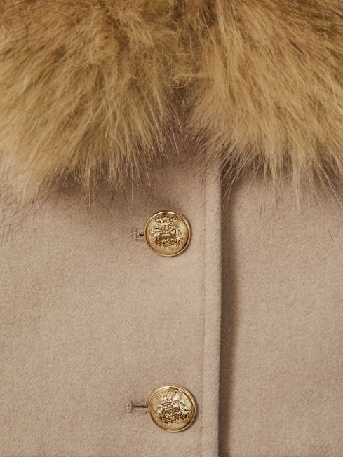 Junior Faux Fur Collar Wool Blend Coat in Oatmeal