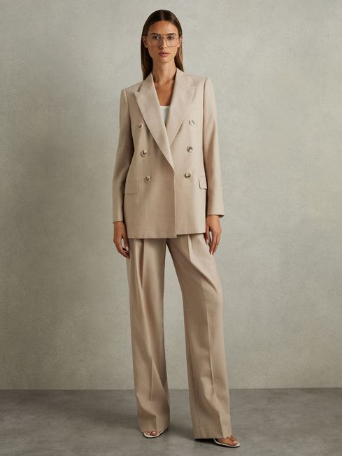 Reiss Neutral Sadie Wool Double Breasted Suit Blazer