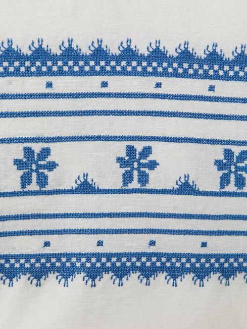 Wax London Relaxed Cotton Linen Embroidered Shirt in Blue/Ecru